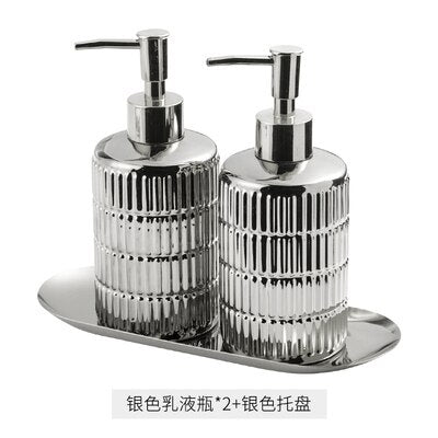 Bathroom Accessories Set (Steel Tray, Hand Sanitizer/Shampoo Shower Gel Bottle, Toilet Soap Dispenser)